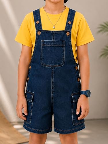 Image of KiddoPanti Unisex Denim Cargo Dungaree Shorts | 69.1% Cotton 29% Spun Poly 1.9% Spandex | Above Knee Length | Soft Breathable Summer Dungaree