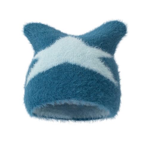 Cute Beanies for Women Fluffy Fuzzy Hats Kawaii Cat Ear Hat Winter Warm Knitted Hat Y2k Grunge Accessories (One Size,Blue)