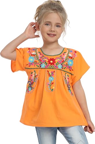 Image of YZXDORWJ Mexican Blouse for Girls Traditional Embroidered Summer Short Sleeve Peasant Blouse for Kids