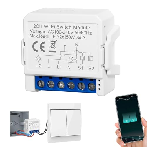 SOARFLY Interruttore WiFi 2 Vie (2P), Interruttore Smart Wifi 2.4GHz, Interruttore Alexa Luci Smart Home, DIY Mini Smart Switch Con Smart Life Tuya APP, Interruttore WiFi Alexa Con Vocale/Timer