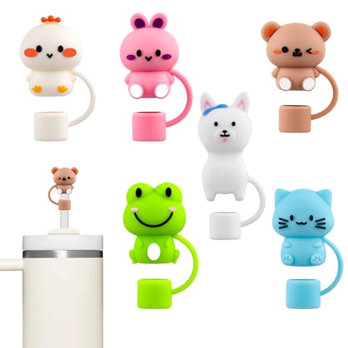 6Pcs Cute Animals Alpaca Straw Covers Cap for 30&40 Oz Stanley Cups, Silicone Straw Toppers Cap for All 9-10mm Drinking Straws
