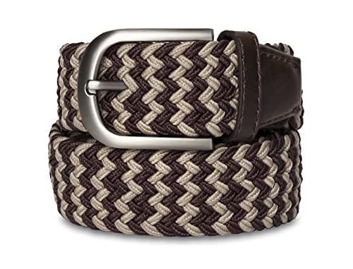 maskfactory stwees Woven Stretch Braided Elastic Belt for Casual Jeans, Golf Pants, Outdoor or at work, 1 3/8 inches (style B - eneyer, Brown - Beige)
