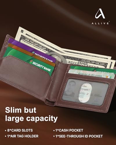 Image of ALLIVE Airtag wallet for men - Genuine Leather Mens Wallet RFID Blocking Slim Billfold with Built-in AirTag Holder, 8 Card Slots, Minimalist Front Pocket Wallet with Gift Box(Vintage Brown)