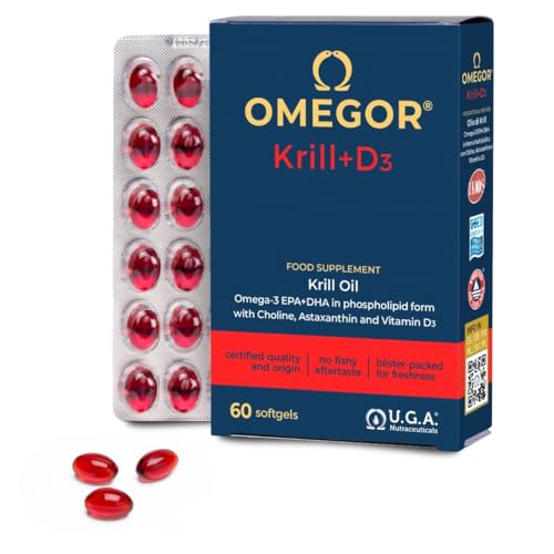 Omegor - Olio di Krill Omega 3 Puro - Krill con Vitamina D3 (60 Capsule) Ricco di Omega-3 EPA e DHA - Senza Retrogusto e Facile da Digerire