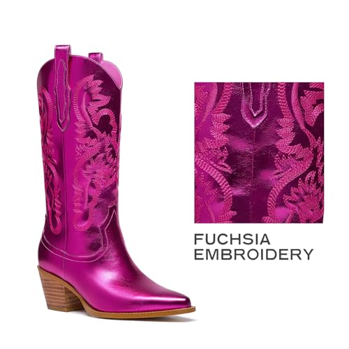 GOSERCE Cowboy Boots for Women - Metallic Mid Calf Cowgirl Boots with Embroidery Sparkly Western Wide Calf Short Boots Fashion Pull on Pointy Toe Chunky Stacked Heel 2.5"3