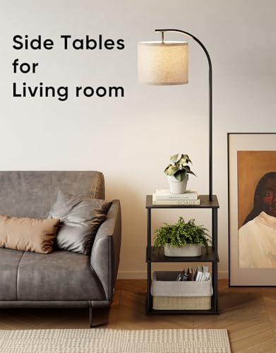 Image of PARTPHONER Floor Lamp with Table, Night Stand with Lamp, Narrow Side Table with 3CCT LED Bulb, Small Coffee Table, Modern End Table with Storage Shelves for Living Room Bedroom Home Decor, Black