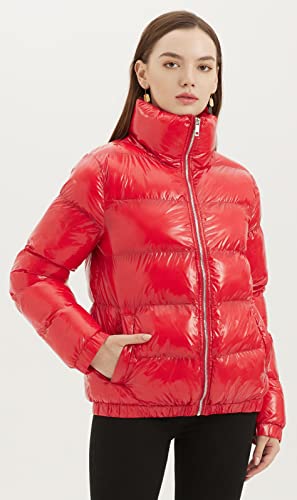 Dina Weis Women's Casual Quilted Shiny Padded Puffer Jacket Winter Warm Zip Short Bubble Coat (Red, Medium) #TOP2