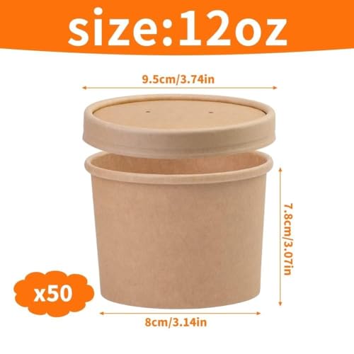 Image of 50 Pack 12 Oz Disposable Soup Bowls with Lids, Paper Soup Containers | Microwave Safe Soup Cups, Paper Ice Cream Cups for Ice Cream Dessert, Yogurt, To Go Soup Containers for Hot Soup
