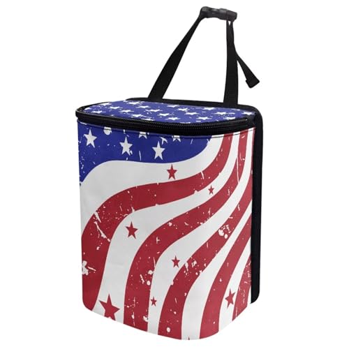 Image of Talayituse Retro American Flag Print Car Trash Bin, Large Size Auto Trash Can Adjustable Portable Garbage Can with Lid, 4th of July Decor Vehicle Hanging Bag for Headrest Front Back Seat