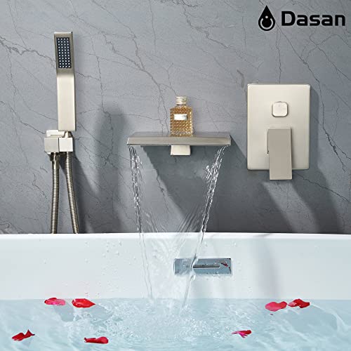 Upgraded Wall Mount Tub Filler Faucet With Handheld Shower, Dasan Modern Wall Mounted Bathtub Faucet Brushed Nickel High Flow Waterfall Tub Faucet With Rough In Valve, Sa-Tf04Wh-Bn #TOP6