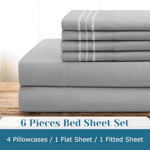 Bysure 6 Pieces Bed Sheets Set With Pockets On Side(Queen, Light Grey), Sweat-Wicking Breathable Sheets, 16-Inch Super Soft Hotel Embroidered Microfiber Sheet Set thumb #3