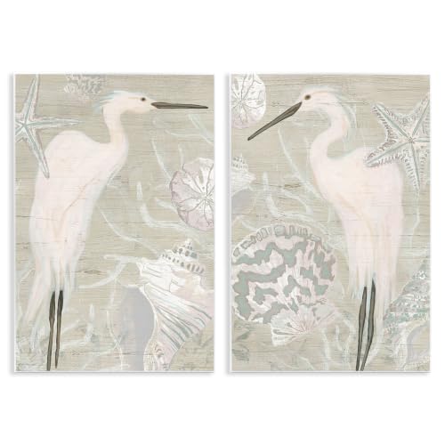Image of White Heron Nautical, 13 x 19 Inch Mounted Print on Wall Plaque Set