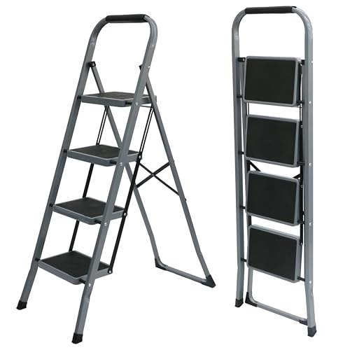 UZIRO Escalera Plegable 4 Peldaños -Estructura de Acero y Peldaño Antideslizante - Asa Superior de Goma - Escaleras Plegables Domésticas - Step Ladder para Hogar (Gris, 4 Pedaños)