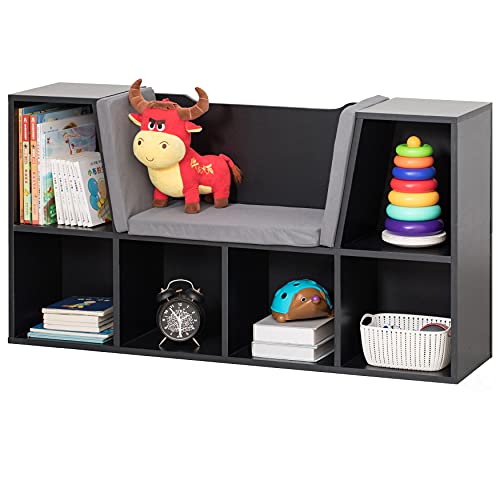 Image of Basicwise Bookshelf with Reading Nook and Storage Bench - 6 Cubbies, 2 Top Shelves, Gray Cushion - Playroom Organization, Toy Storage, Bookcase for Bedroom, Nursery, 44" W x 11" D x 24" H