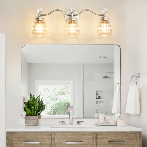 Image of Brushed Nickel Bathroom Light Fixtures Modern Vanity Lights with Crystal Shades, 3 Light Bathroom Vanity Light Wall Sconce Lighting for Bath-Room Ladies Room, Powder Room