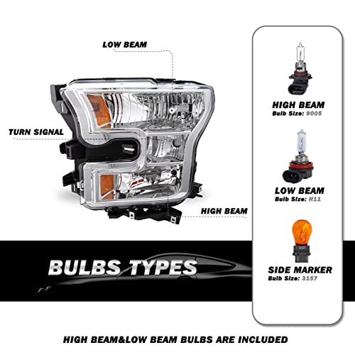 Sockir Headlight Assembly Bulbs Included Compatible With 2015-2017 Ford F150 Chrome Housing & Amber Reflector, Left Driver Side #TOP1
