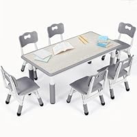 Clevich Children's Table with 6 Chairs, Children's Table and Chair Set for Kindergarten and Children's Room, Height-Adjustable Children's Table Group, Plastic Children's Furniture