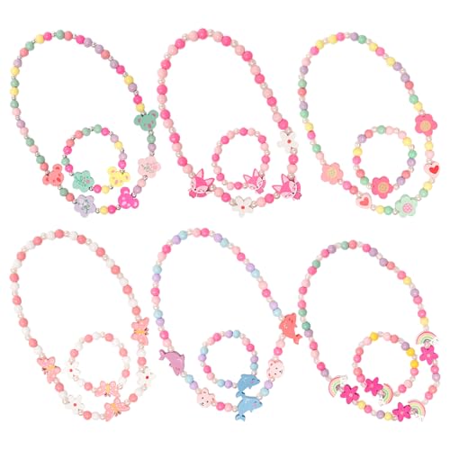 Sxutop 6 Paquetes Joyas de Madera para Niñas Incluye Collar y Pulsera Colorido Beads Pulseras NiñA Elásticas Pulseras de Amistad Collar de Princesa Lindas para Niña Regalo de Cumpleaños de Fiesta