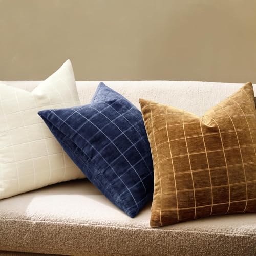 Image of MIULEE Navy Blue Plaid Decorative Throw Pillow Covers 22x22 Set of 2 | Vintage Check Chenille Couch Pillows Neutral Boho Farmhouse Cushion Covers Modern Home Decor for Sofa Bed Living Room