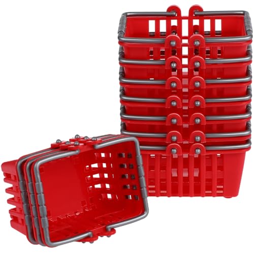 NUOBESTY 10Pcs Mini Shopping Basket Mini Supermarket Cart Tiny Plastic Retail Shopping Baskets with Handles for Kids Party Favors Dool House Ornament Red 2.7x1.2x1.3 Inch