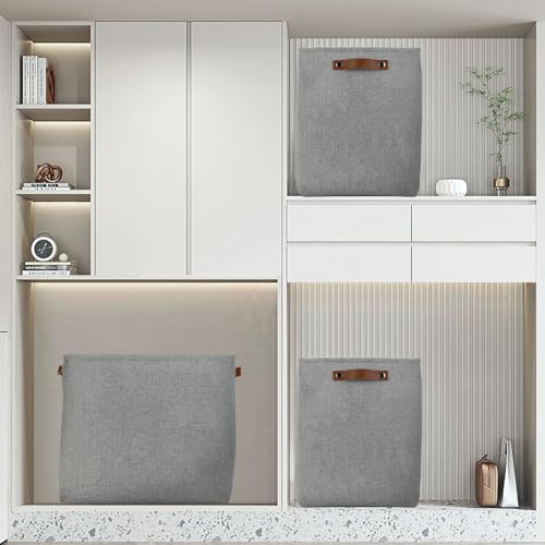 Image of DULLEMELO Large Storage Baskets for Blankets Living Room 51L Canvas Storage Baskets for Organizing 3 Pack Collapsible Baskets Bins for Organizing Home Office with Handles (Grey)