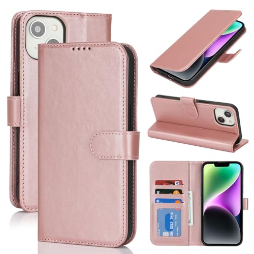 Image of for iPhone 14 Case Wallet with Card Holder,for iPhone 13 Wallet Case for Women Men,PU Leather Shockproof Magnetic Buckle Stand Flip Phone Case-Rose Gold