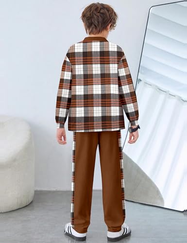 Image of Oranchids Boys Clothes Size 6 7 Boys' Clothing Sets Long Sleeve Brown Plaid Shirts Button Down Sweatshirt Jogger Fall Outfits Winter Clothes Thanksgiving Outfit