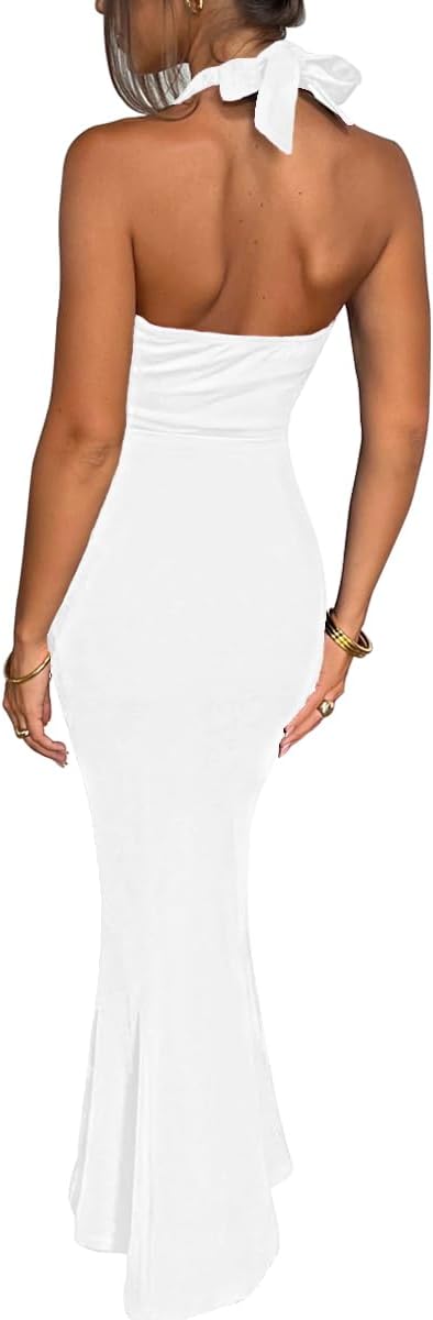 LuFeng Women's Sexy Sleeveless Summer Dress Backless Deep V Neck Halter Bodycon Maxi Party Dress - Image 4