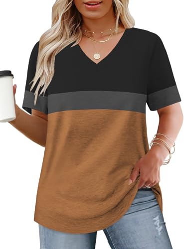Womens-Plus-Size-Tops Summer Short Sleeve Casual V Neck Tunics Trendy Color Block Fashion T Shirts