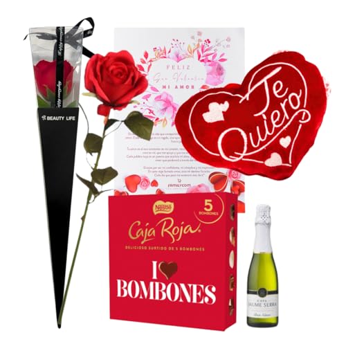 FAMILYCOM. Regalo San Valentin Caja Roja Nestle. Cesta Original con Bombones de Chocolate Para Regalar, Flor Roja, Cava, Peluche Corazon y Pergamino.