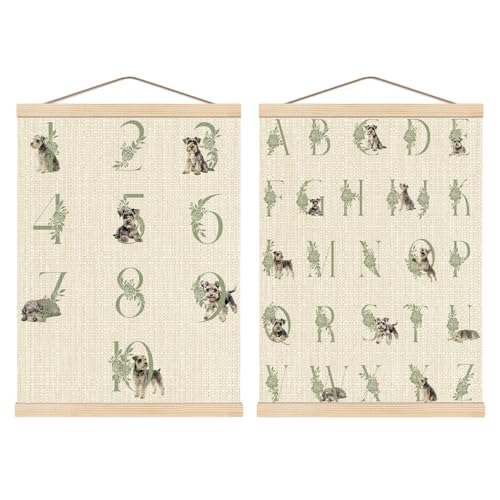 Image of Boat Wades Schnauzer Numbers and Alphabet Kids Wall Art Poster Hanger Frame, Sage Green Educational Schnauzer Dog Wall Decor for Toddler Kids Room Nursery Classroom, 12x16 Inch Set of 2