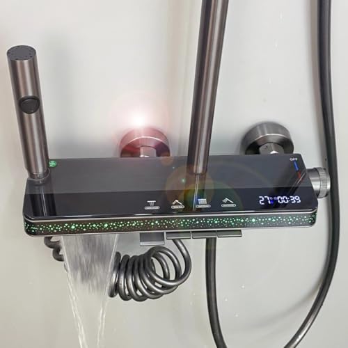 Image of X-XONIER Luxury thermostate Shower System, 4-in-1shower set with Large Overhead+3 Ways Hand Shower, 2 waybiget gun and tub spout, Temperature Dispaly, Star Galaxy LED lights shower panel (grey)