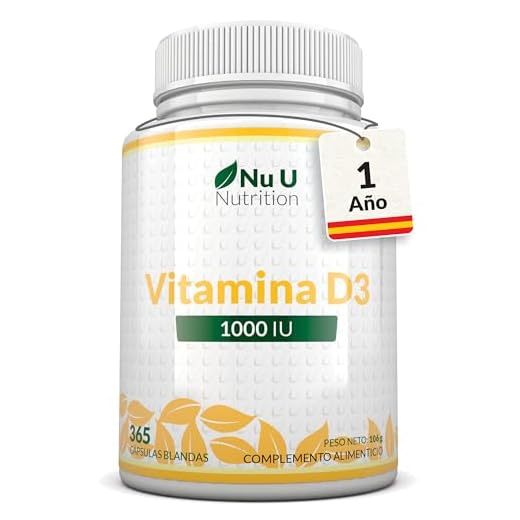 Vitamina D3 365 Cápsulas Blandas (Suministro para Todo el Año) Suplemento de Vitamina D3 de 1000 UI, Colecalciferol de Alta Absorción por Nu U Nutrition