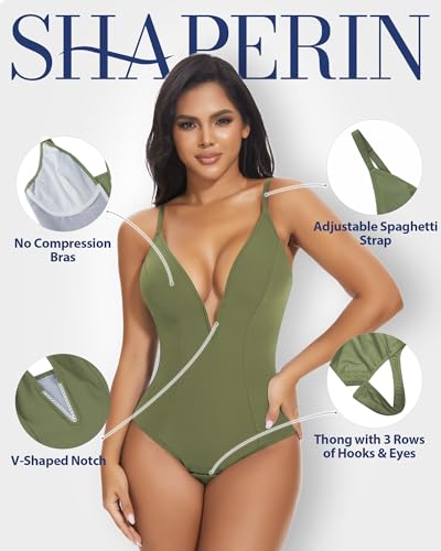 Image of SHAPERIN Bodysuit for Women Shapewear Tummy Control Deep V Neck Plunge Sleeveless Backless Thong Body Suit Tank Top