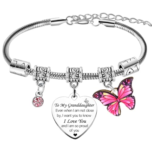 Granddaughter Charm Bracelet Gifts I Love Gifts for Granddaughter Christmas Birthday Gifts from Grandma Grandpa Proud Of You Gifts for Granddaughter Graduation Gifts Butterfly Bracelet Gifts Heart Rhinestones Bracelet Jewelery