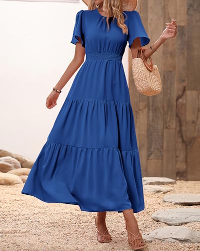 Image of PRETTYGARDEN Women's Casual Smocked Boho Floral A-Line Maxi Dress 2026 | Summer Short Flutter Sleeve Crewneck Tiered Long Sundress,Fall Wedding Guest Dresses,Spring Cute Flowy Beach Vacation Clothes