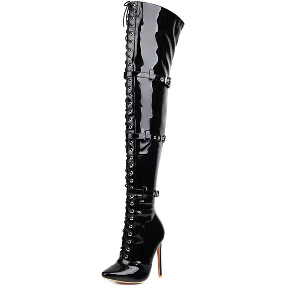4.72 pulgadas Zapatos de tacón alto fetiche sexys grandes para mujer Zapatos de tacón alto finos con encaje de charol Cordones Botas hasta el muslo hasta la rodilla para motocicleta botines