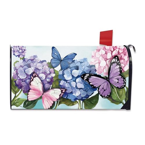 Image of Spring Summer Mailbox Cover Magnetic Standard Size 20.5 inch x 18 inch, Hydrangea Flower Butterfly Decorative Post Letter Box Wrap Decor, Floral Seasonal Garden Yard Outdoor Decoration