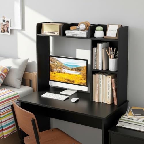 Image of Tangkula Desktop Bookshelf, Countertop Storage Hutch with Shelves for Computer Desk, Desk 3-Tier Display Rack, Multipurpose Wood Desktop Hutch Storage Organizer for Dorm Office (Black,5 Shelves)