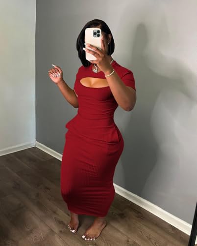 Image of Women's Casual Short Sleeve Dress T Shirt Bodycon Dresses Ribbed V Neck Maxi Sundress Basic Party Club Dress with Pocket