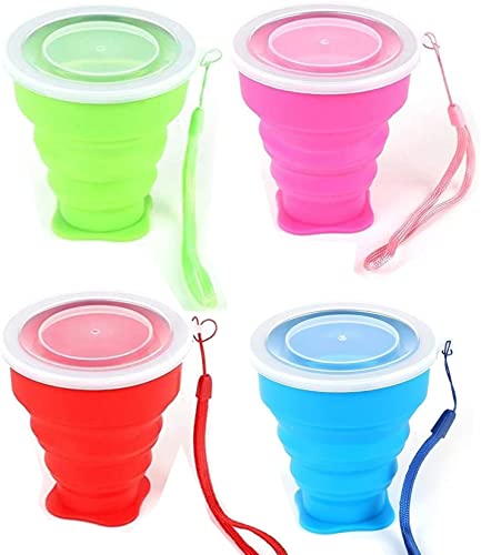 4 Piezas Copa de Viaje Plegable con Tapa, Silicona Taza Plegable de Beber Plegable Copa de Viaje de Silicona Irrompible Taza para Senderismo Exterior Cámping Deportes Cover