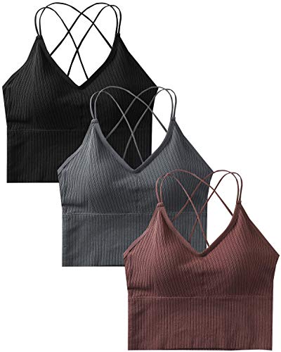 Sport BH Damen Bustier BH Ohne Bügel Sport Bra Top Spaghettiträger Cross Back Design Push up BH für Yoga Fitness, 3er Pack-Schwarz+grau+kaffee-Einheitsgröße