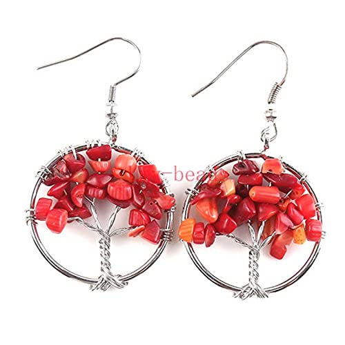 YPOSPDD Pendientes colgantes de árbol de la vida de piedra natural, piedras caídas de cristal, gancho colgante, pendientes de piedra for mujer, joyería, piedra de Amazon(Red Coral)