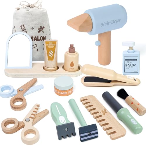 FIIOEOY Wooden Hairdresser Set for Kids Role Play Toys Kids Barber Shop Playset Hairdressing Set Educational Montessori Hair Salon Pretend Play Kit Gift for 3 4 5 Year Olds Boys Girls