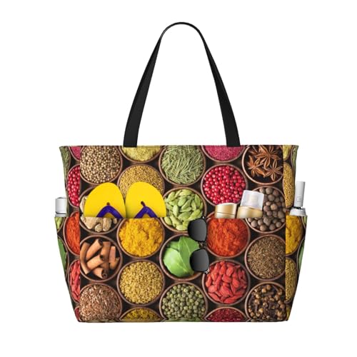 Spices And Herbs Print Large Beach Tote Bag for Women Extra Large Capacity Sandproof Waterproof Pool Bag Suitable for Swimming Pool Gym Groceries Travel