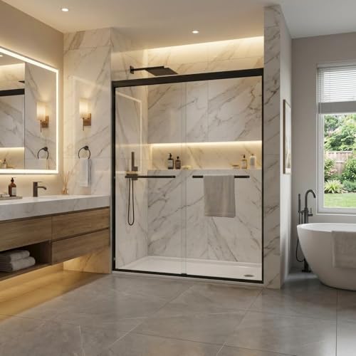 Image of 44-48 inch W x 72 inch H Double Sliding Shower Door, Frameless 6mm Tempered Glass with Easy-Clean Coating, Aluminum Frame & Smooth Rollers, for Walk-in Shower /Bathtub Remodel, Matte Black
