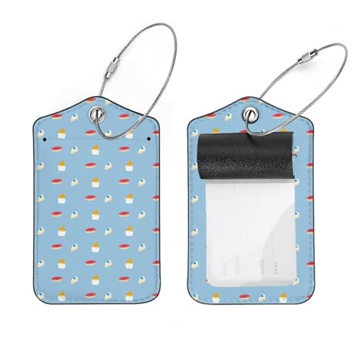 2 etiquetas de equipaje, taza de postre, donas, fondo azul, cubierta de privacidad, etiqueta de identificación con lazo de acero inoxidable y tarjeta de dirección para bolsa de viaje, maleta