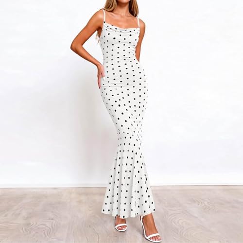 Womens Summer Dresses Polka Dot Spaghetti Strap Cowl Neck Bodycon Wedding Guest Cocktail Mermaid Maxi Dress Vacation White-M - 2