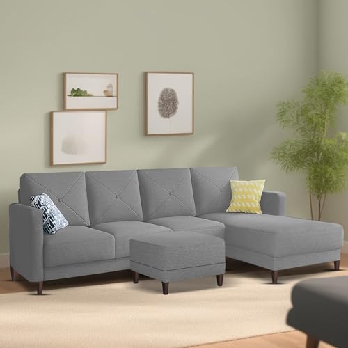 Image of Baloney RHS 6 Seater L Shape Sofa Set with Center Table for Living Room (Grey Fabric) Premium Fabric Sofa