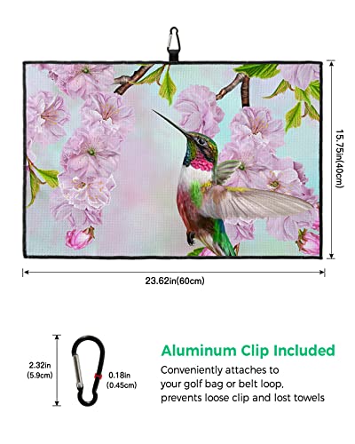 Golf Towel Microfiber Waffle Pattern Towel With Carabiner Clip,Country Hummingbird Pink Cherry Blossom Golf Towels Woman Club Cleaner For Golf Bags,Spring Floral Branch Animal Golf Towel Accessories #TOP2